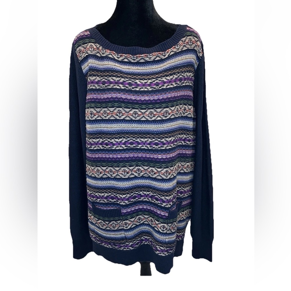 🆕Chaps Ladies size XL NWT navy/purple striped fair isle style pullover‎ sweater